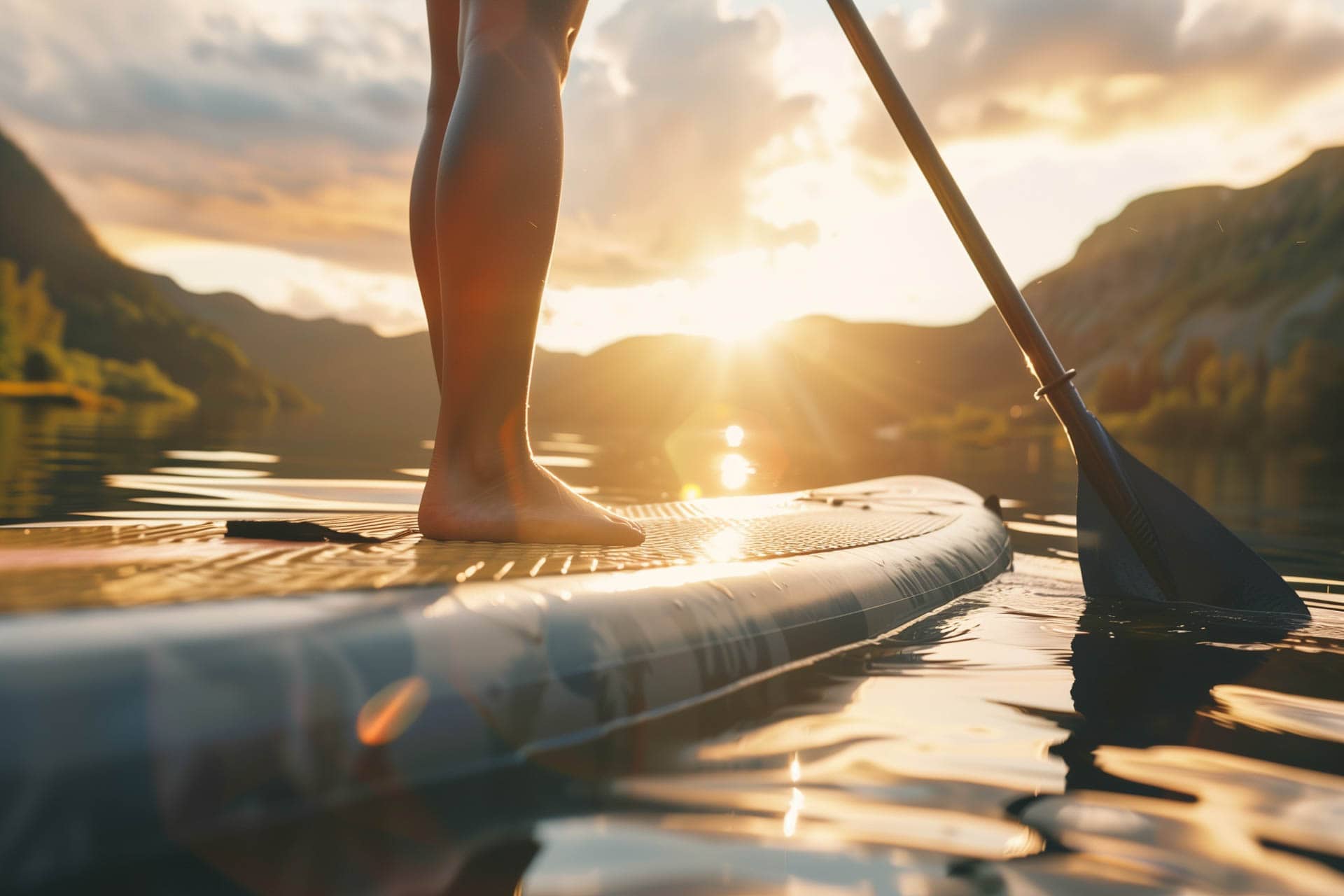 Person paddleboarding on lake at sunset