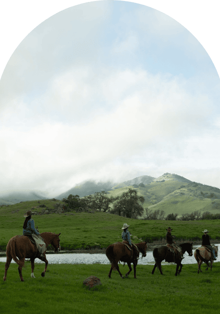 Horseback riders exploring green hills and a river.